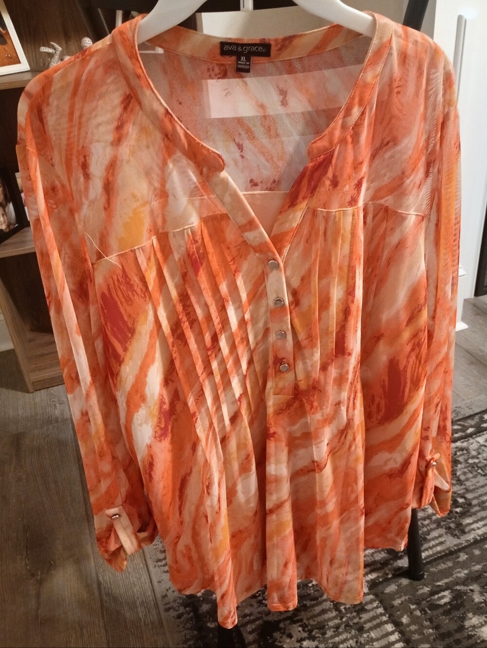 Ava & Grace Orange Marble-Print Pleated Button Front Tunic